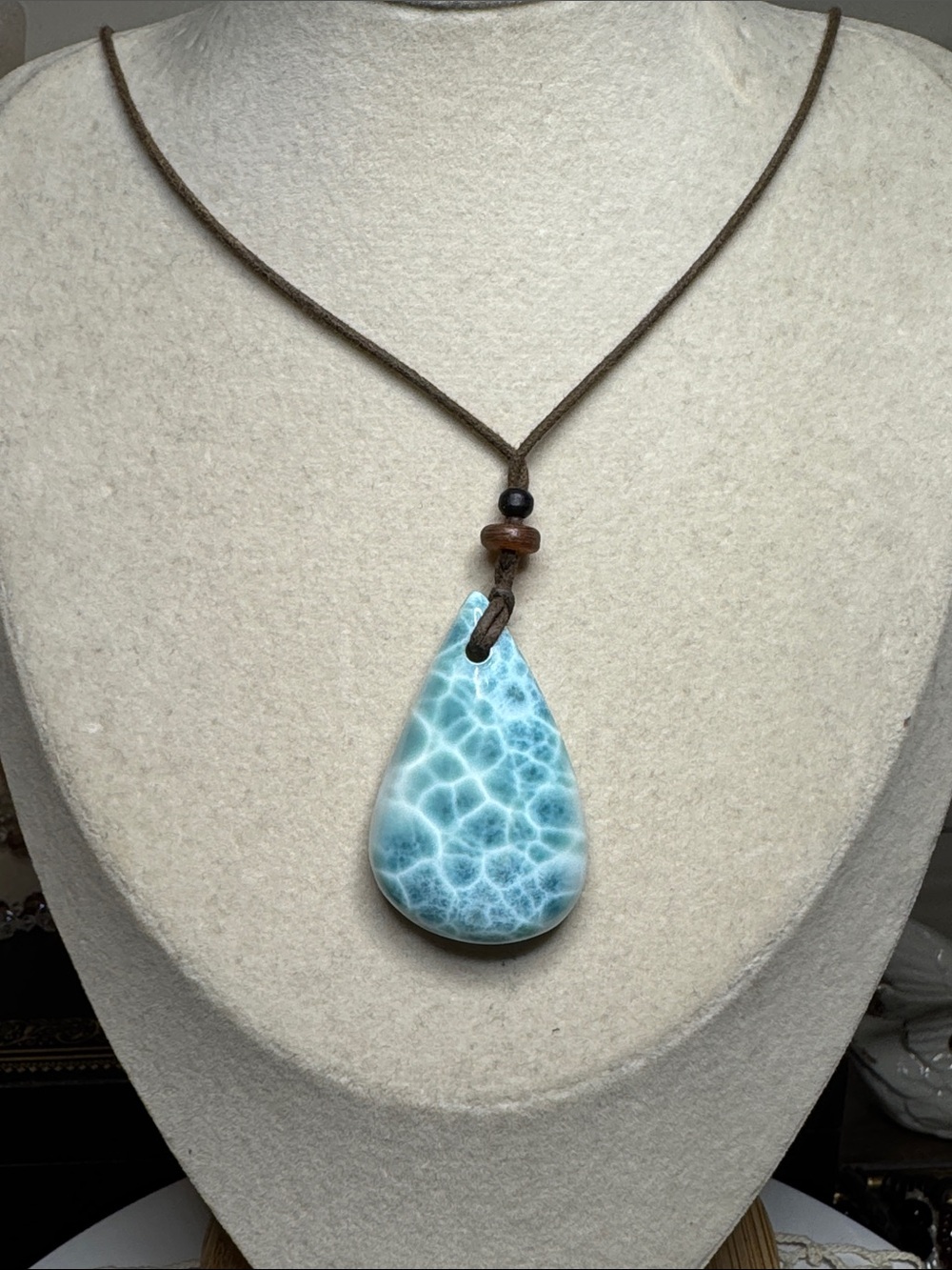 Larimar Teardrop Grade AAA Stone Blue Wavy Pendant Necklace